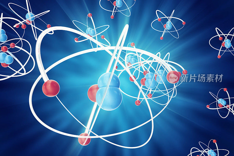 抽象原子背景，分子化学模型。原子和电子。物理概念，3d渲染。