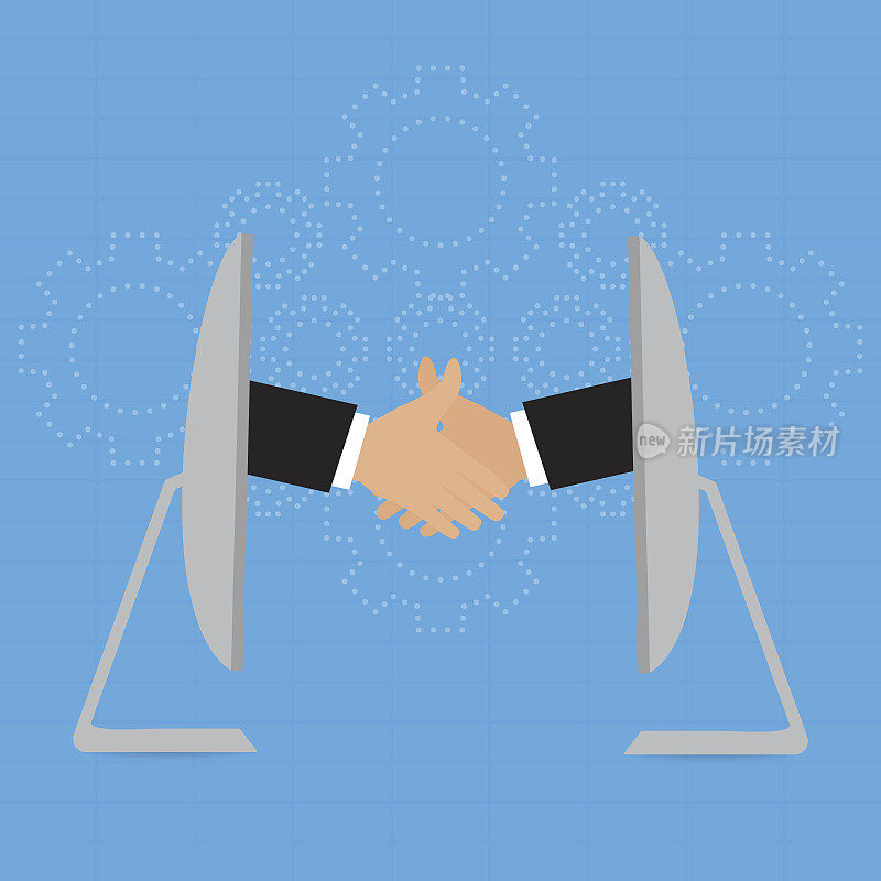 握手的商人为合作伙伴欢迎交易云在线解决方案的概念在云齿轮的背景。矢量插画电子商务商业概念设计。