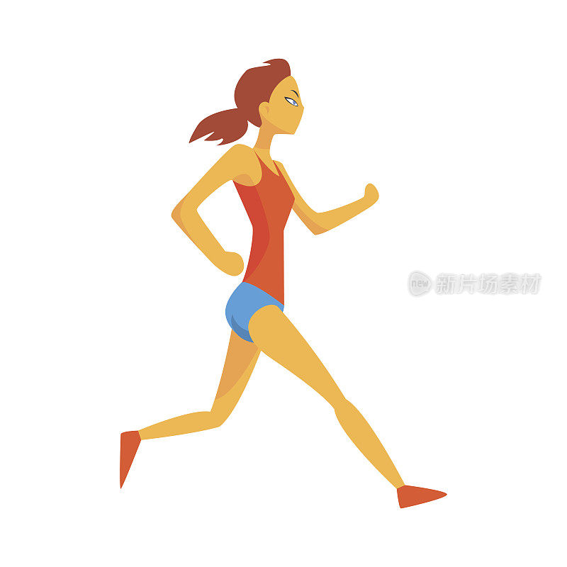 女人慢慢地跑热身，女运动员跑在赛道上红色的顶和蓝色的短在比赛插图
