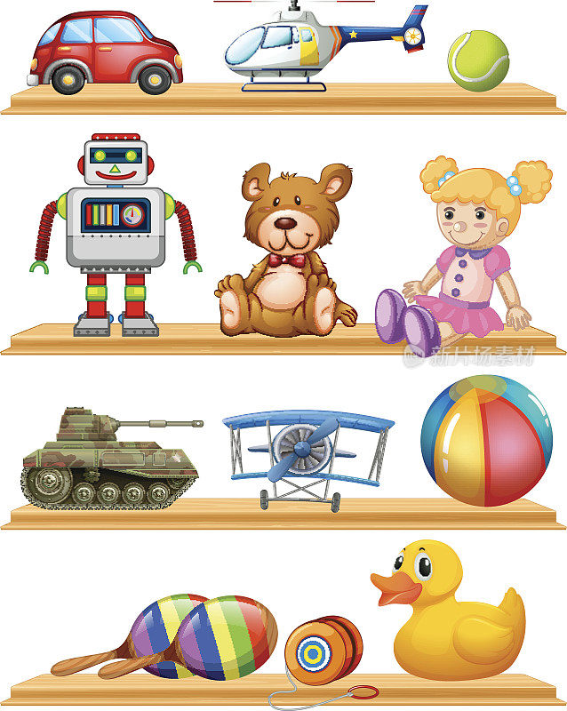 木制架子上放着不同的玩具