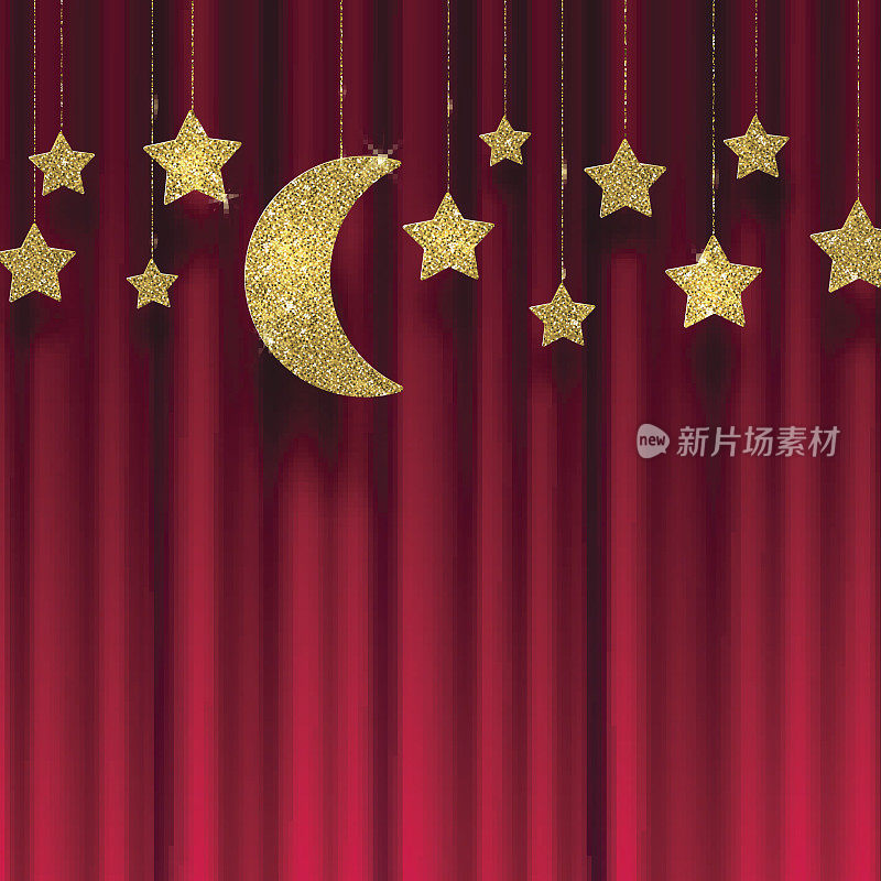 红色的幕布背景上闪烁着金色的星星和月亮