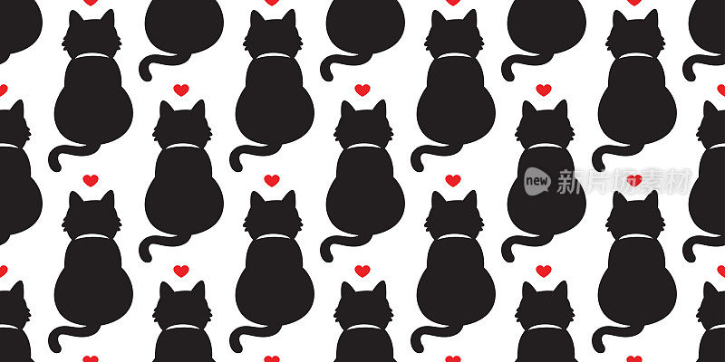黑猫矢量无缝图案心形图标小猫情人节涂鸦孤立壁纸背景