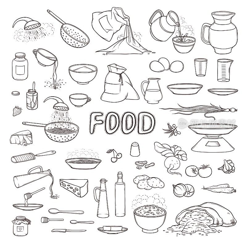 矢量黑白素描集食品、饮料、厨具、各种餐具。烹饪意大利面时，倒入橄榄油和蜂蜜。袋装新鲜蔬菜、面粉和谷物