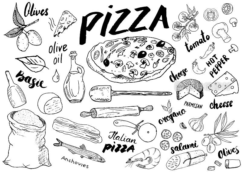 披萨菜单手绘素描集。披萨制作设计模板采用奶酪、橄榄、意大利腊肠、蘑菇、番茄、面粉等配料。矢量插图孤立在白色背景