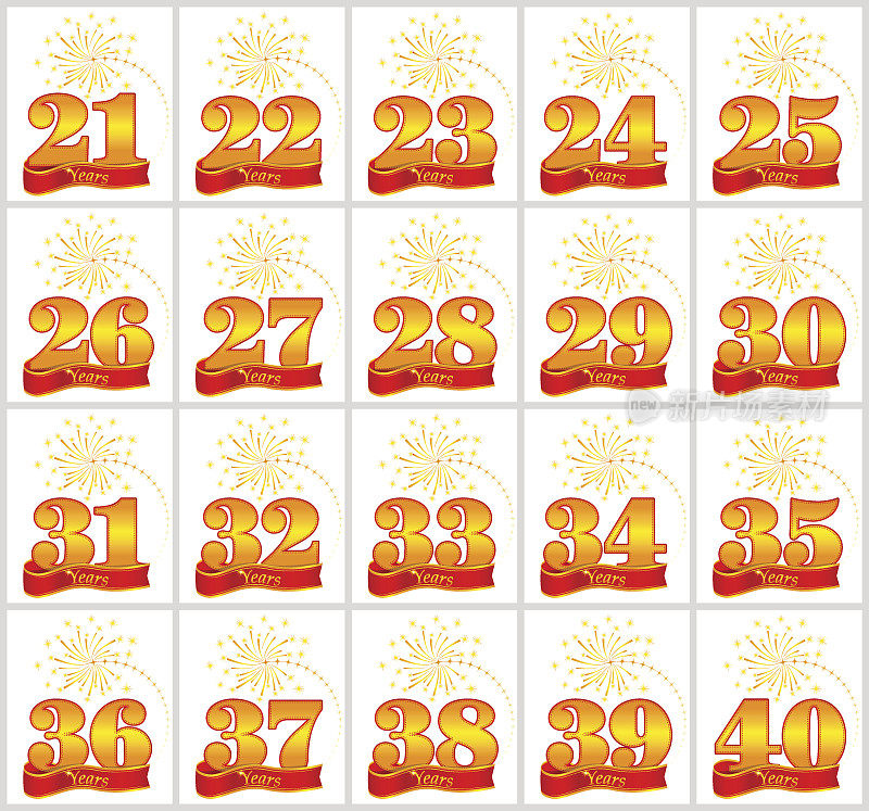 一组从21到40的金色数字和红色丝带背景上的年度词汇。矢量插图。