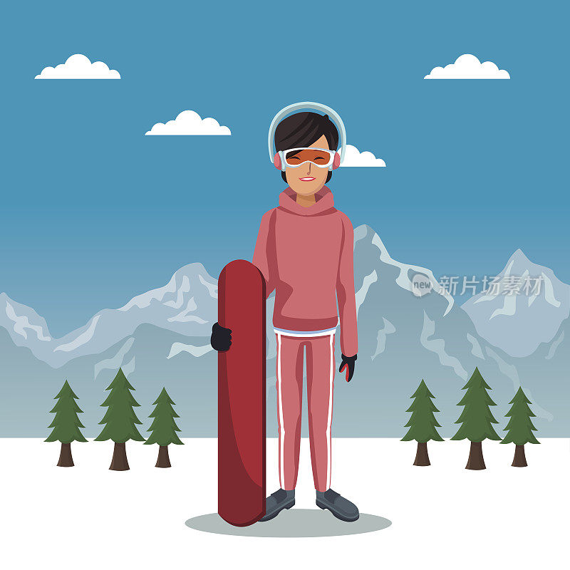 冬季山地景观海报与滑雪女子与设备和天空表