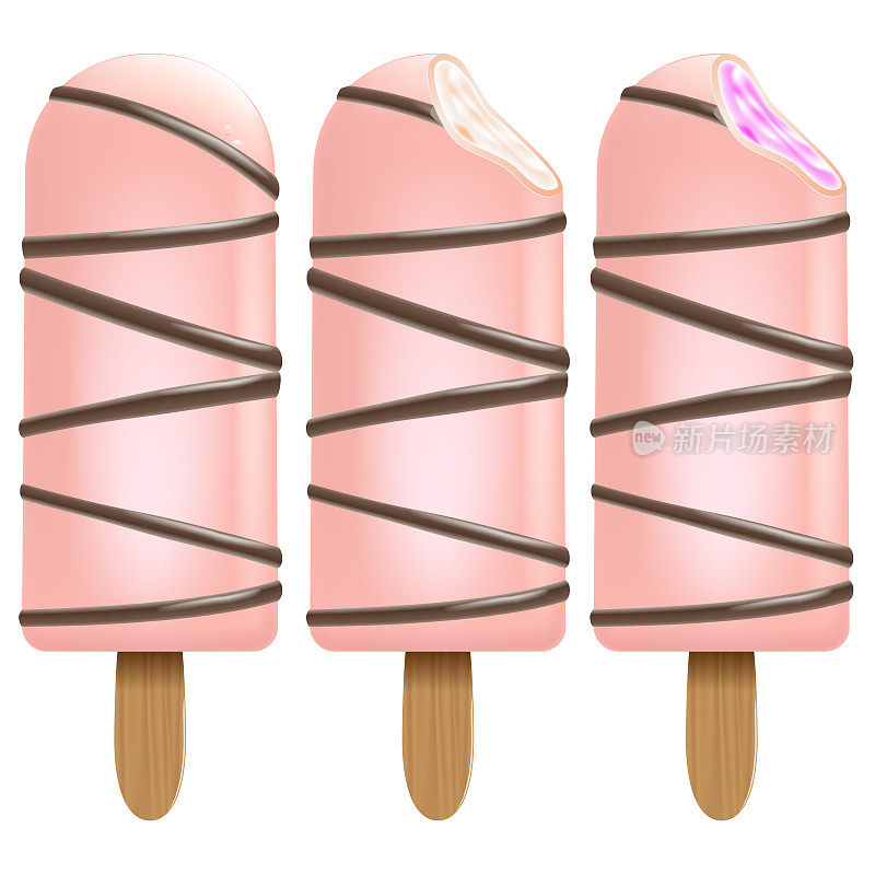冰淇淋玫瑰水果设置在白色的背景为您的商业项目。奶制冰淇淋的现实零食。冰棍。矢量图