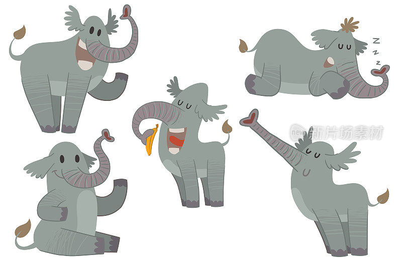 五只有趣的灰色大象