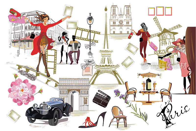 巴黎插图与时尚女孩，咖啡馆和音乐家。
