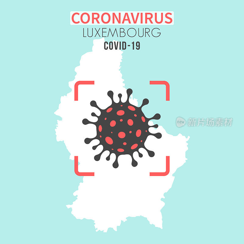 卢森堡地图，红色取景器中有冠状病毒细胞(COVID-19)