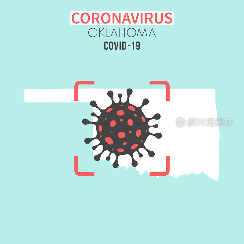 俄克拉何马州地图，红色取景器中有冠状病毒细胞(COVID-19)