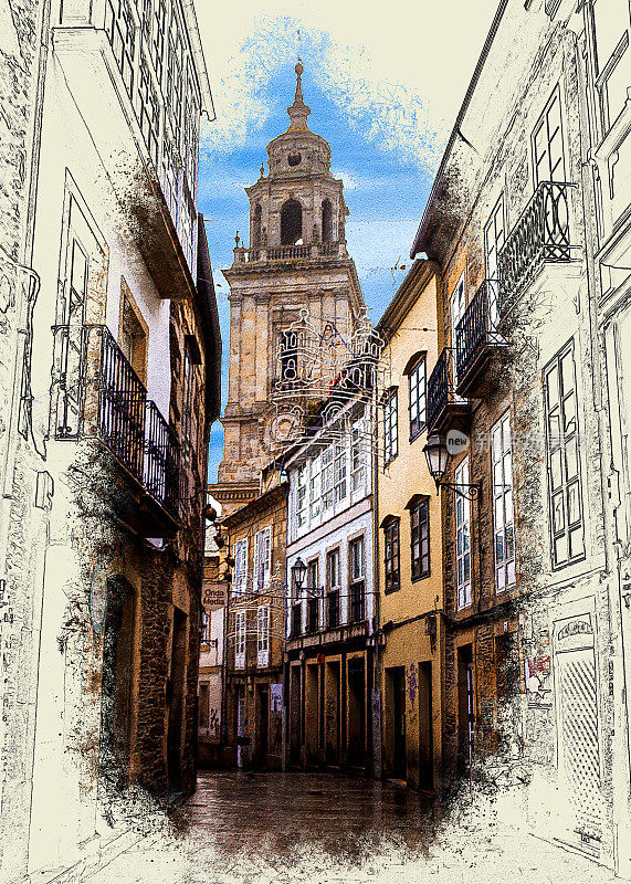 Сathedral卢戈钟楼的街景，加利西亚，西班牙。-