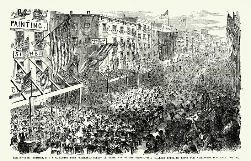 复古第七团在他们的方式宾夕法尼亚铁路站途中前往华盛顿特区，1861年4月美国内战雕刻