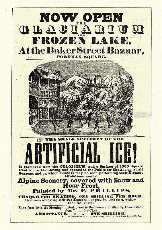 世界上第一个机械冰场Glaciarium的复古海报