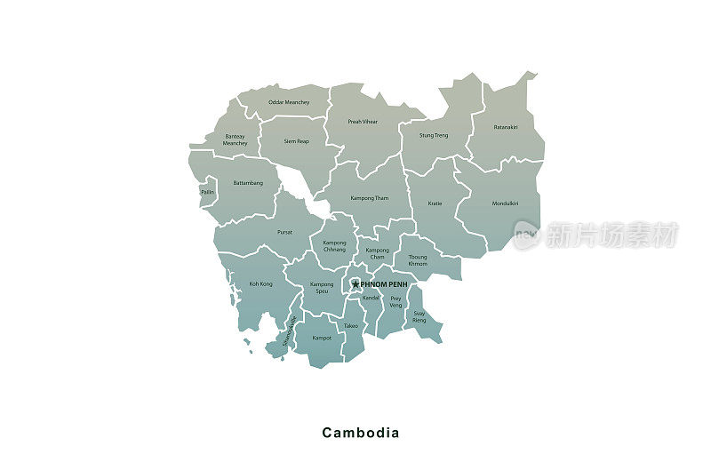 柬埔寨地图。亚洲国家柬埔寨的矢量地图