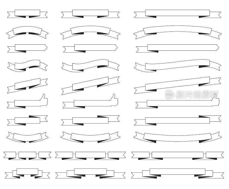 一套丝带，横幅(轮廓，线条艺术)-设计元素在白色的背景