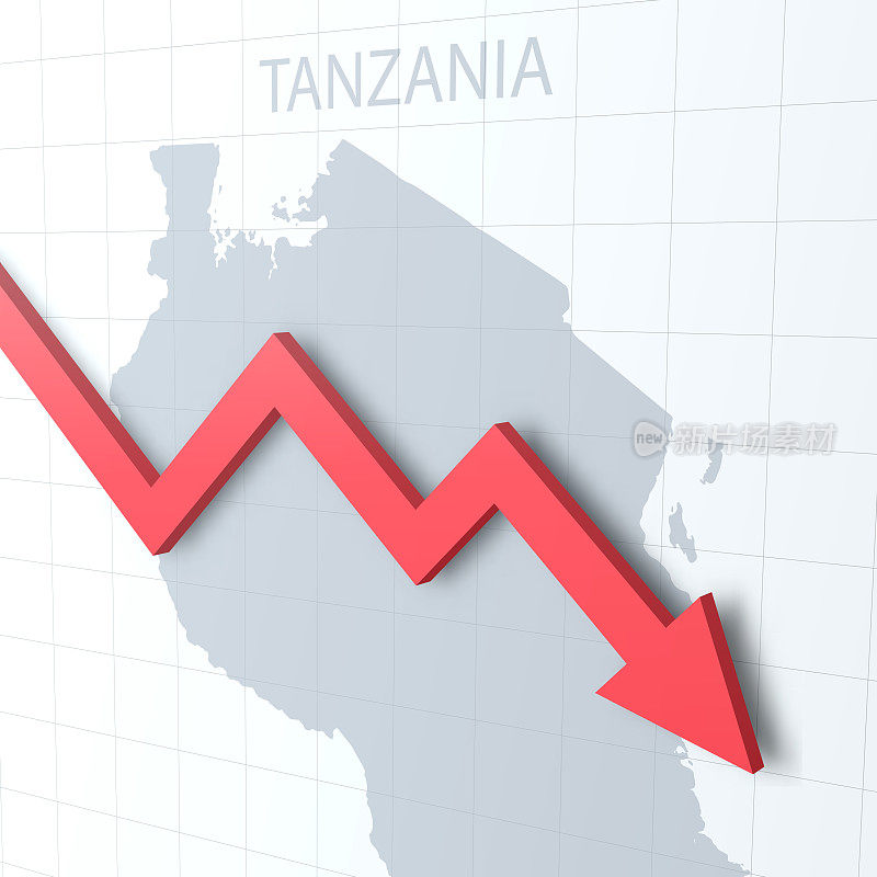 下落的红色箭头，以坦桑尼亚地图为背景