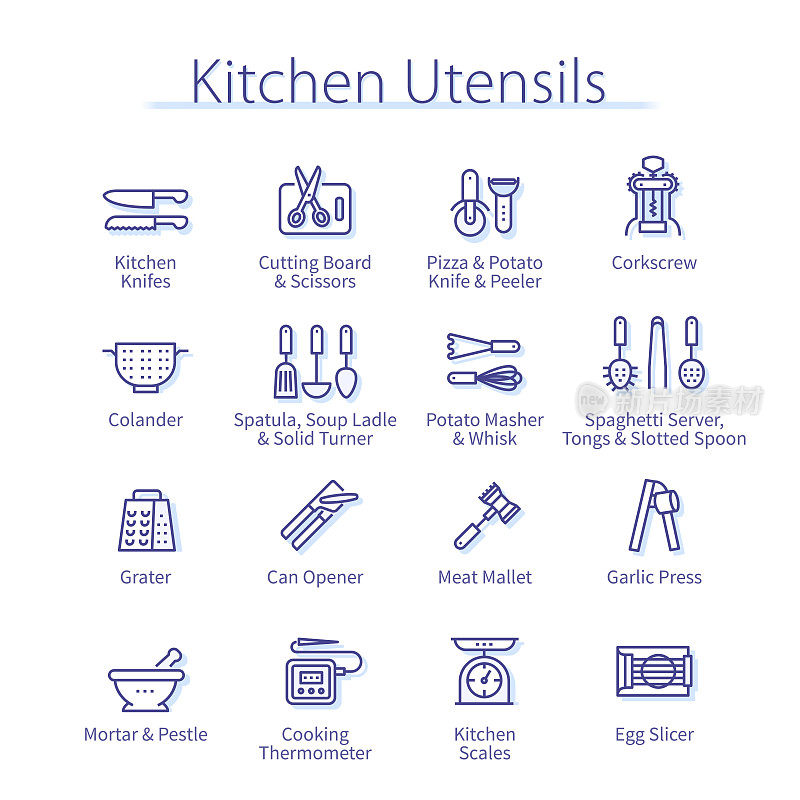 厨房用具概念细线图标集。抹刀，剔骨器，钳子，勺子，刀叉，细线刀等图标。现代烹饪工具，家居设备线性矢量插图