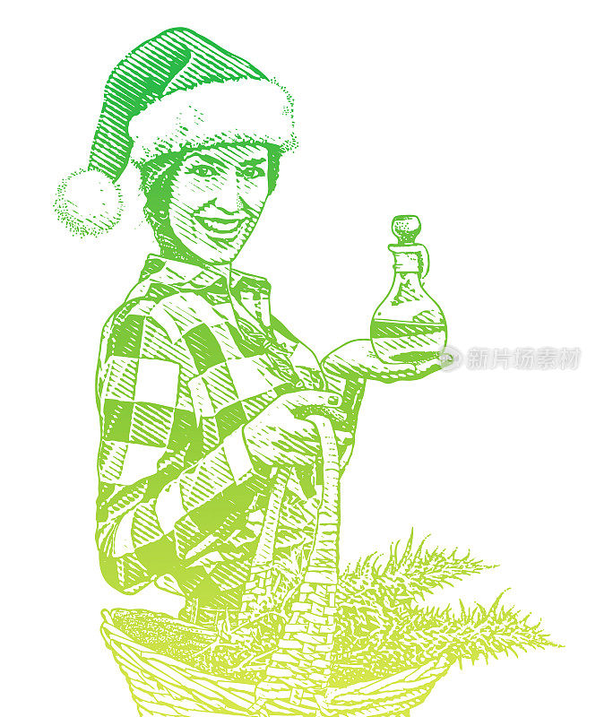 女人戴着圣诞帽，拿着大麻和CBD油的礼物