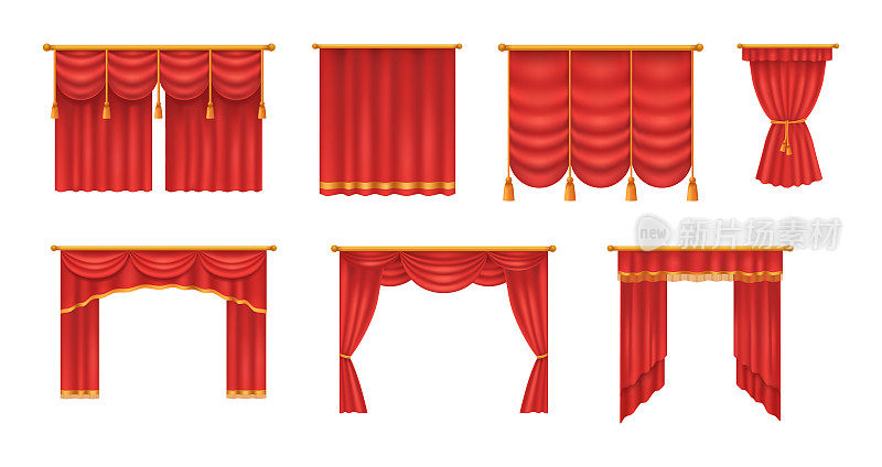 逼真的红色剧院窗帘。红丝绒窗帘和窗帘设计室内，剧院舞台装饰，婚礼沙龙，电影院，大厅歌剧。奢侈面料纹理孤立向量