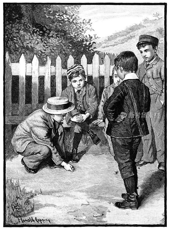 一群维多利亚时代的男孩在人行道上玩弹珠