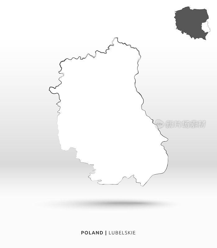 卢布林省-波兰政治分区的一个孤立的地区-抽象的平面白纸与轮廓边界上方的一张纸与光影-简单的矢量插图，背景3D效果