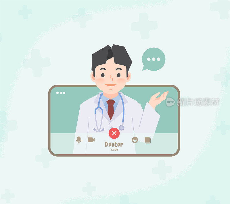 一部手机看到一名亚洲男子医生在线视频电话从远离的地方插图矢量联系医院咨询诊断。卫生保健的概念。