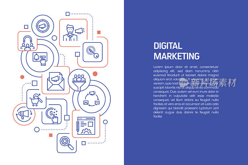 数字营销概念，数字营销与图标矢量插图
