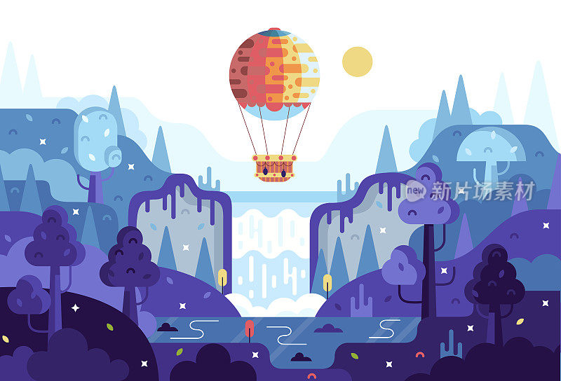 矢量卡通二维插图在平面卡通栅栏，全景瀑布，热气球，森林和湖泊。