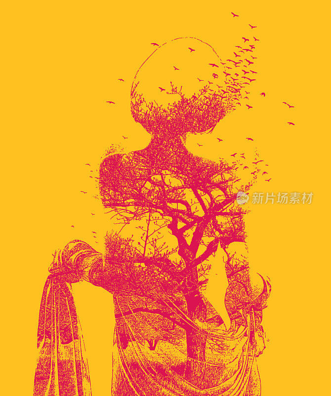 女性,树木和鸟类多次暴露