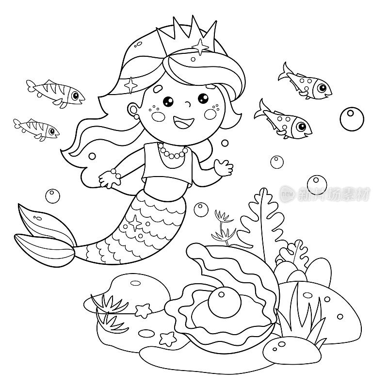 彩色页面轮廓卡通美丽的小美人鱼。海洋公主。水下世界。珊瑚礁里有鱼、珍珠壳和海星。儿童涂色本。