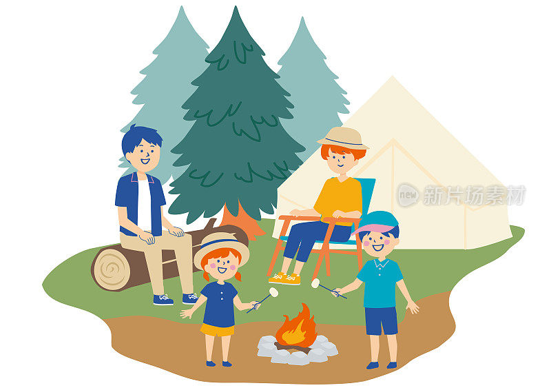一个家庭围绕着篝火在露营地的插图