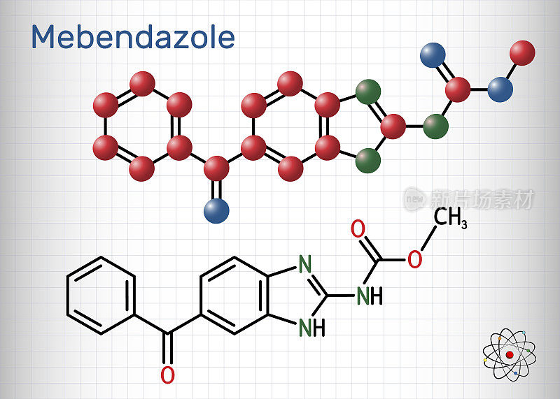 甲苯咪唑,MBZ分子。它是合成的苯并咪唑衍生物和驱虫药。结构化学式和分子模型。笼子里的一张纸