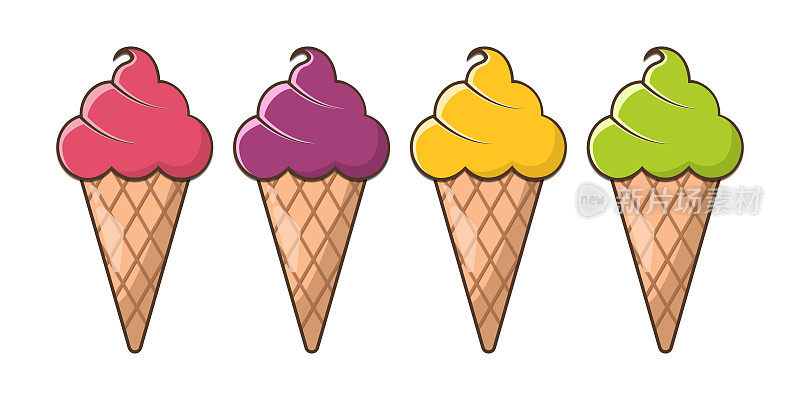 冰淇淋剪辑艺术矢量设计在草莓抹茶香蕉蓝莓口味与动画卡通png插图冰淇淋蛋筒