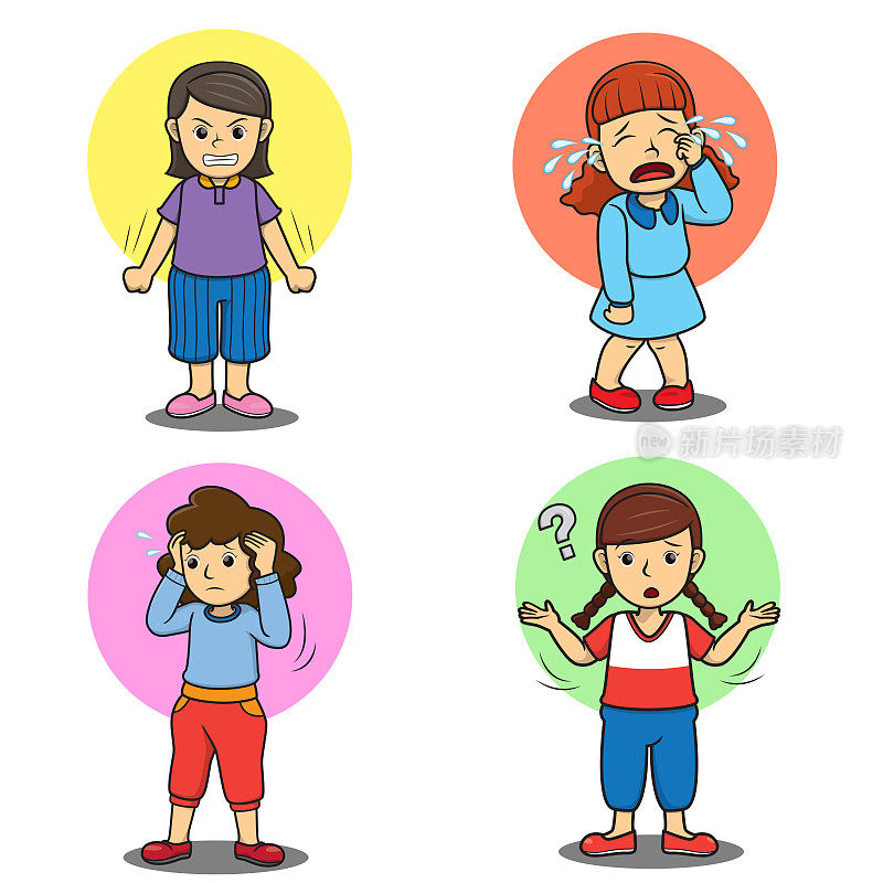 一套可爱的女孩显示不同的情绪股票插图，矢量插图为学前和家庭培训的父母和教师。