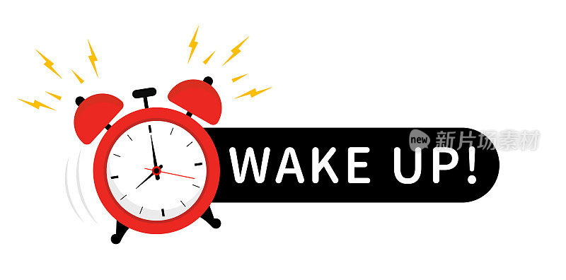 醒来图标。早上好，闹钟响了，早上醒来了。图标与闹钟呼叫和表情语音气泡与唤醒文本。起床时间激励卡或激励口号