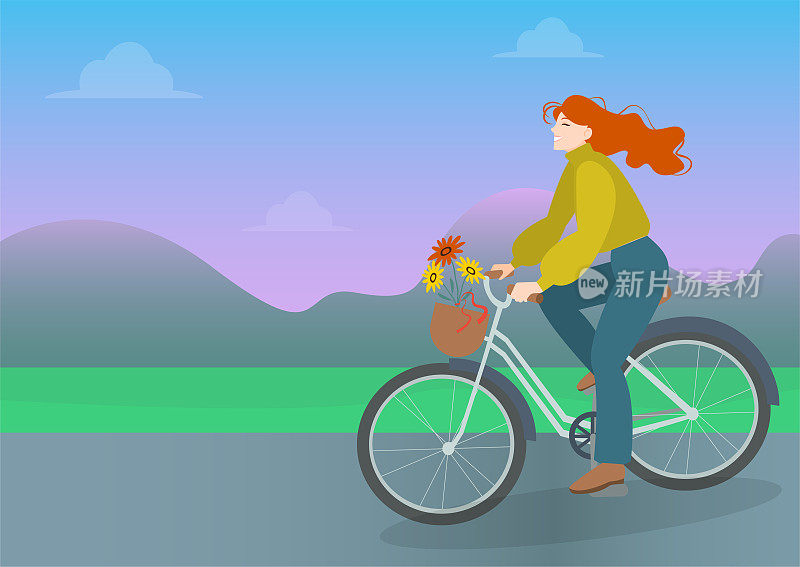 一个长发飘舞的可爱女孩骑着自行车。