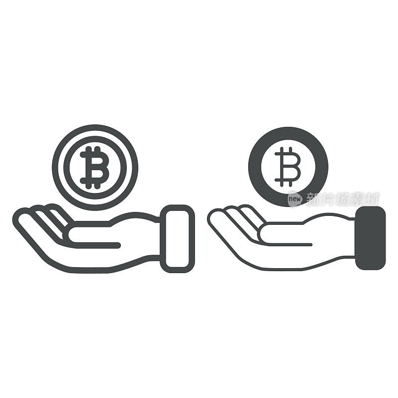 比特币在手掌上的手线和固体图标，加密货币的概念，BTC支持白色背景上的矢量标志，轮廓风格图标的移动概念和网页设计。矢量图形。