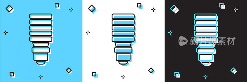 设置LED灯泡图标孤立在蓝、白、黑背景上。经济型LED照明灯泡。节约能源灯。向量