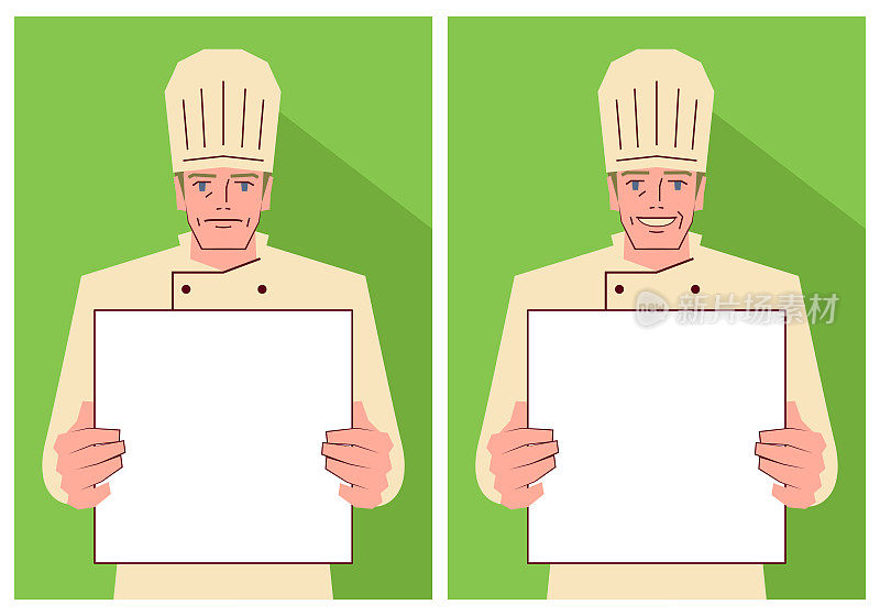 一个厨师拿着空白的牌子，有两种不同的情绪