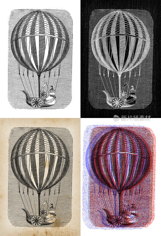 科学发现的古董插图，气球，热气球和飞艇
