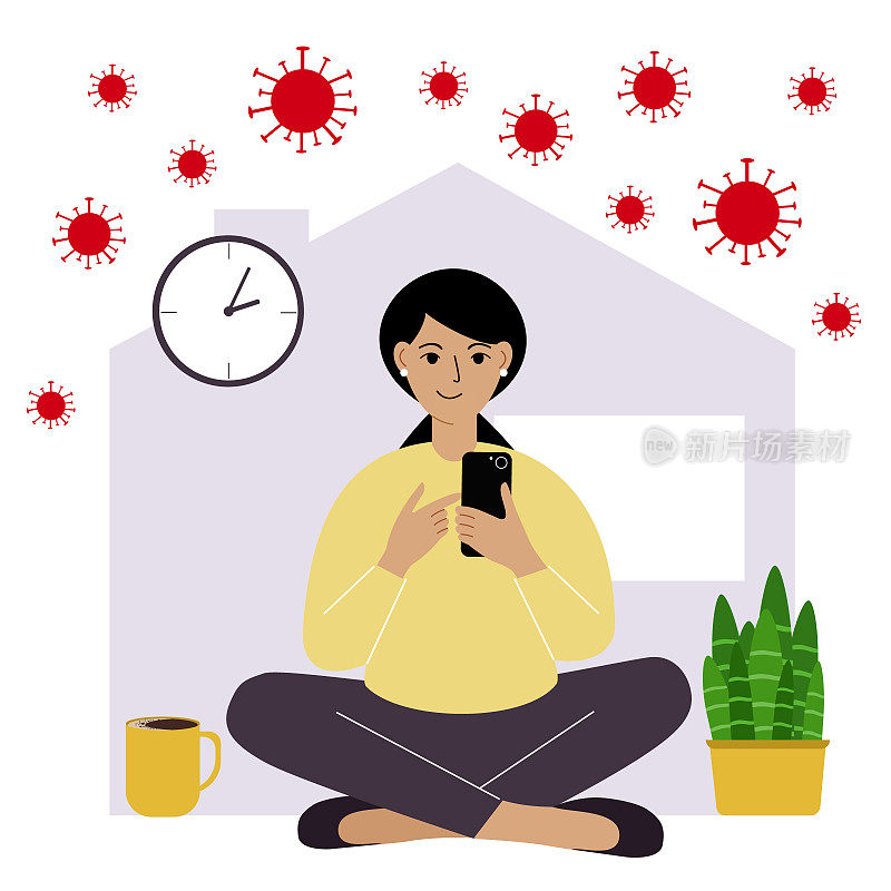 Self-quarantine概念。在病毒爆发期间在家工作。正在处理手机的女人