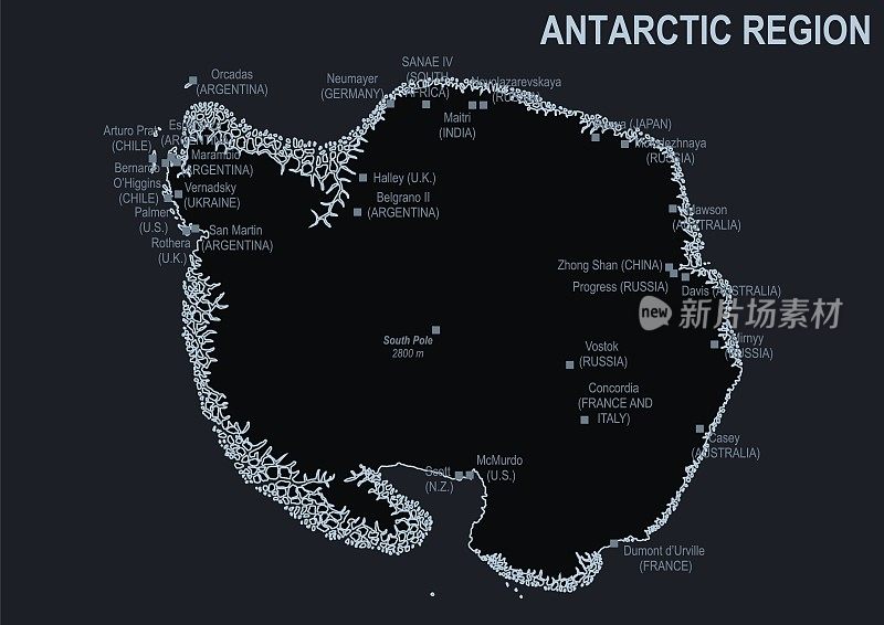 南极洲平面地图，黑色背景上有全年研究站
