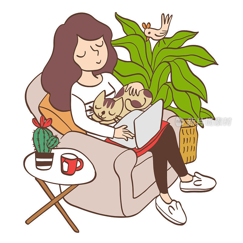 年轻女子坐在扶手椅在家里与笔记本电脑和宠物猫放松卡通人物剪矢量插图