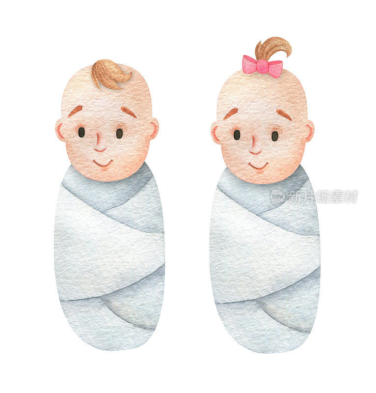 一个包裹的婴儿。可爱的新生男孩和女孩剪纸，一个白色尿布的小孩子的水彩插图，双胞胎，性别揭示
