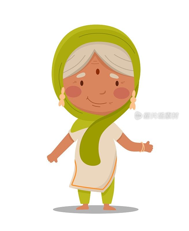 印度老太太奶奶甜美开朗。矢量插图在一个平面卡通风格