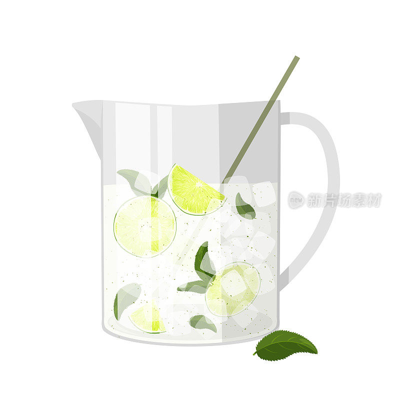 自制柠檬水在玻璃罐中与汤匙。现实的矢量图。夏日冷饮，加酸橙、柠檬、冰块和薄荷。