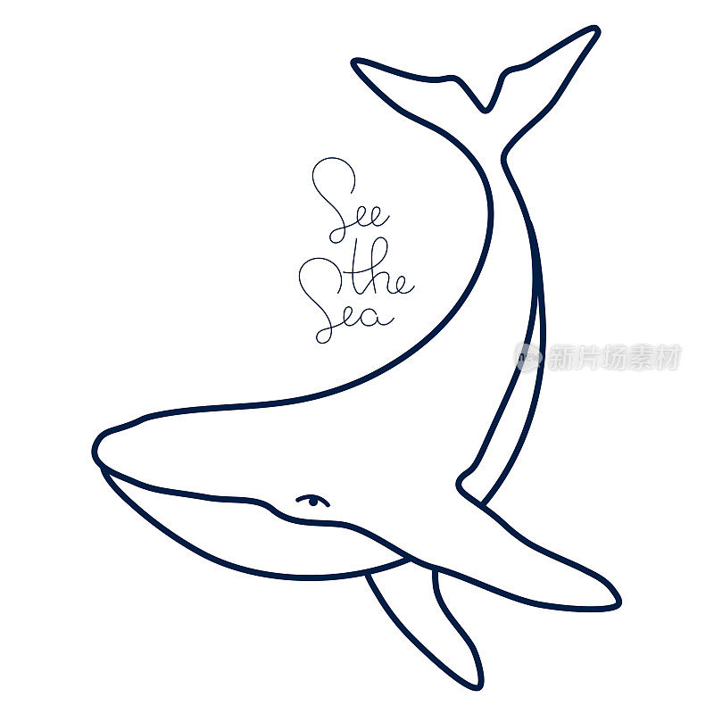 用手绘的座头鲸短语看海极简简洁的矢量轮廓标志插图。孤立的轮廓鲸画在白色背景上