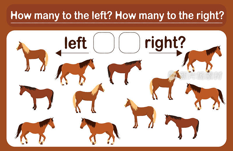 这是一个儿童逻辑游戏，叫做“左或右”。空间定位。培训表。数一下有多少马左转了，有多少马左转了。