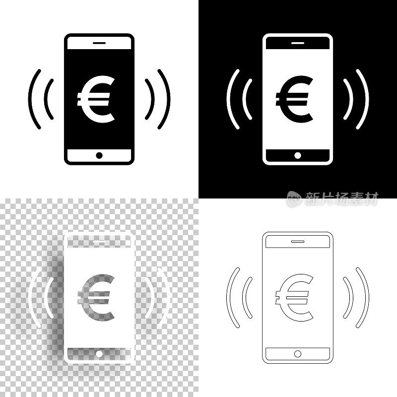 智能手机响起欧元信号。图标设计。空白，白色和黑色背景-线图标